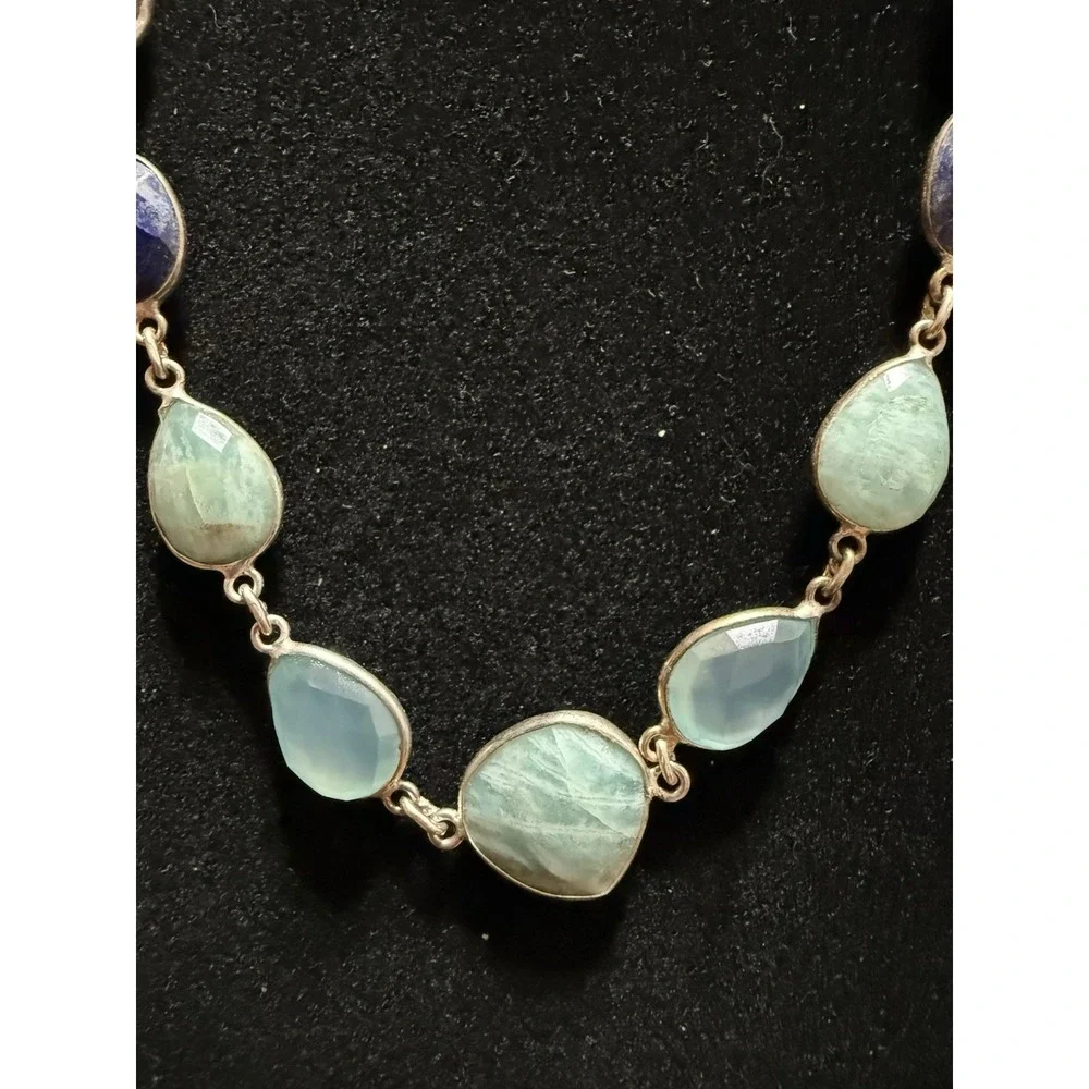 Sterling Silver multi Genuine Stones Faceted Necklace 925 Lapis Smoky Quartz 14